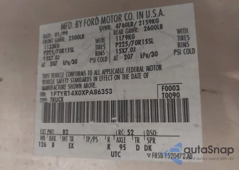 1999 Ford Ranger Xlt z USA, uszkodzony, nr VIN 1FTYR14X0XPA86353